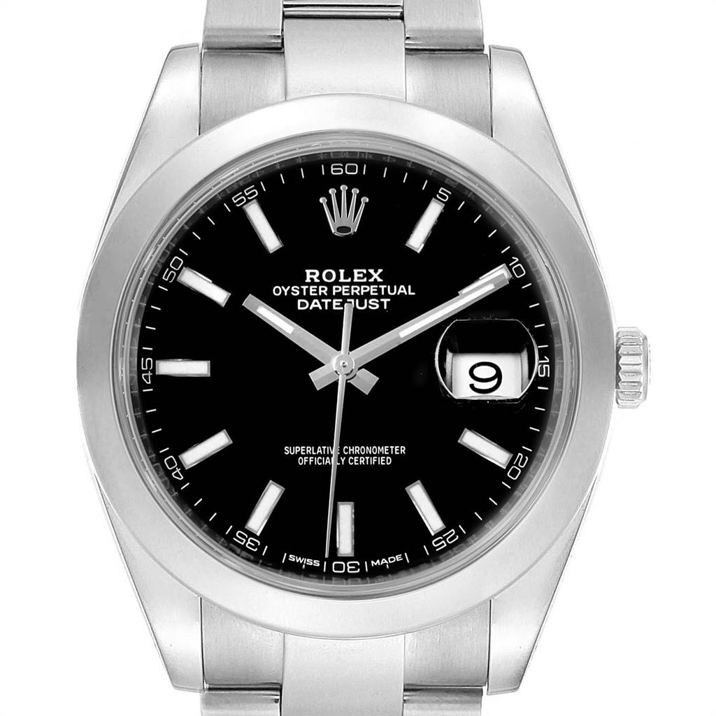 The image shows a front view of the Rolex Datejust 41 126300 Men's Stainless Steel Black Dial 126300 Men's Stainless Steel Black Dial watch, displaying its black dial, date window, and stainless steel bracelet.