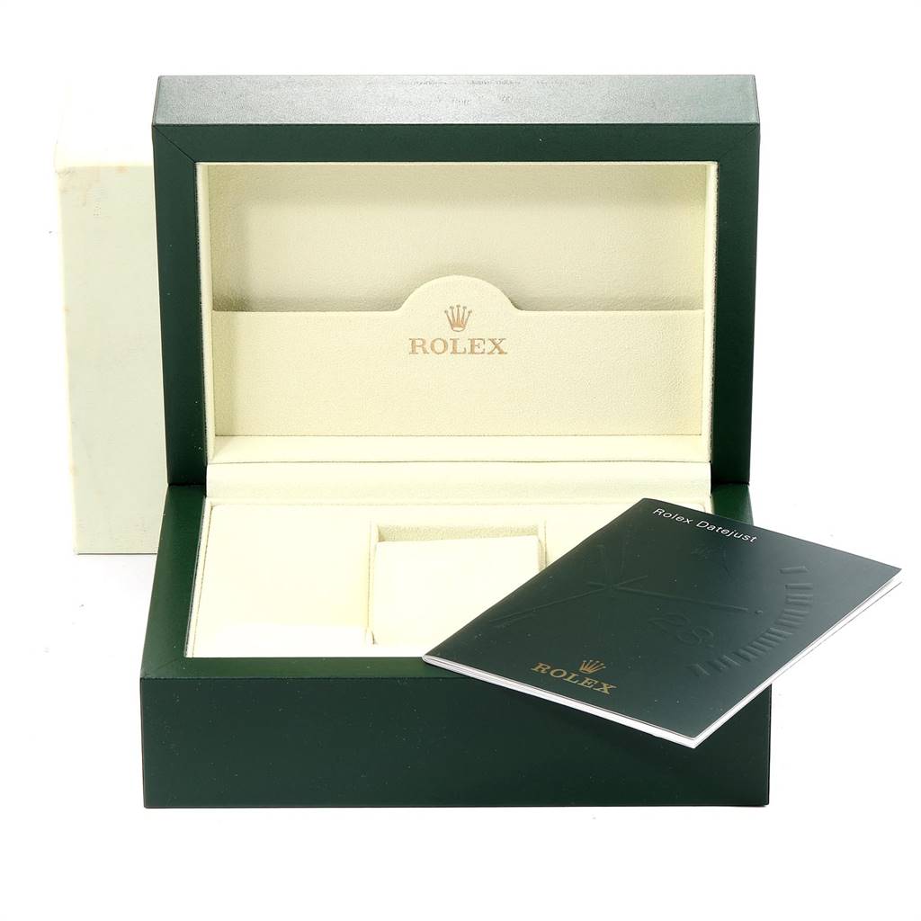 The image shows the open box and manual for the Rolex Datejust 41 116334 Men's Stainless Steel White Dial 116334 Men's Stainless Steel White Dial watch.