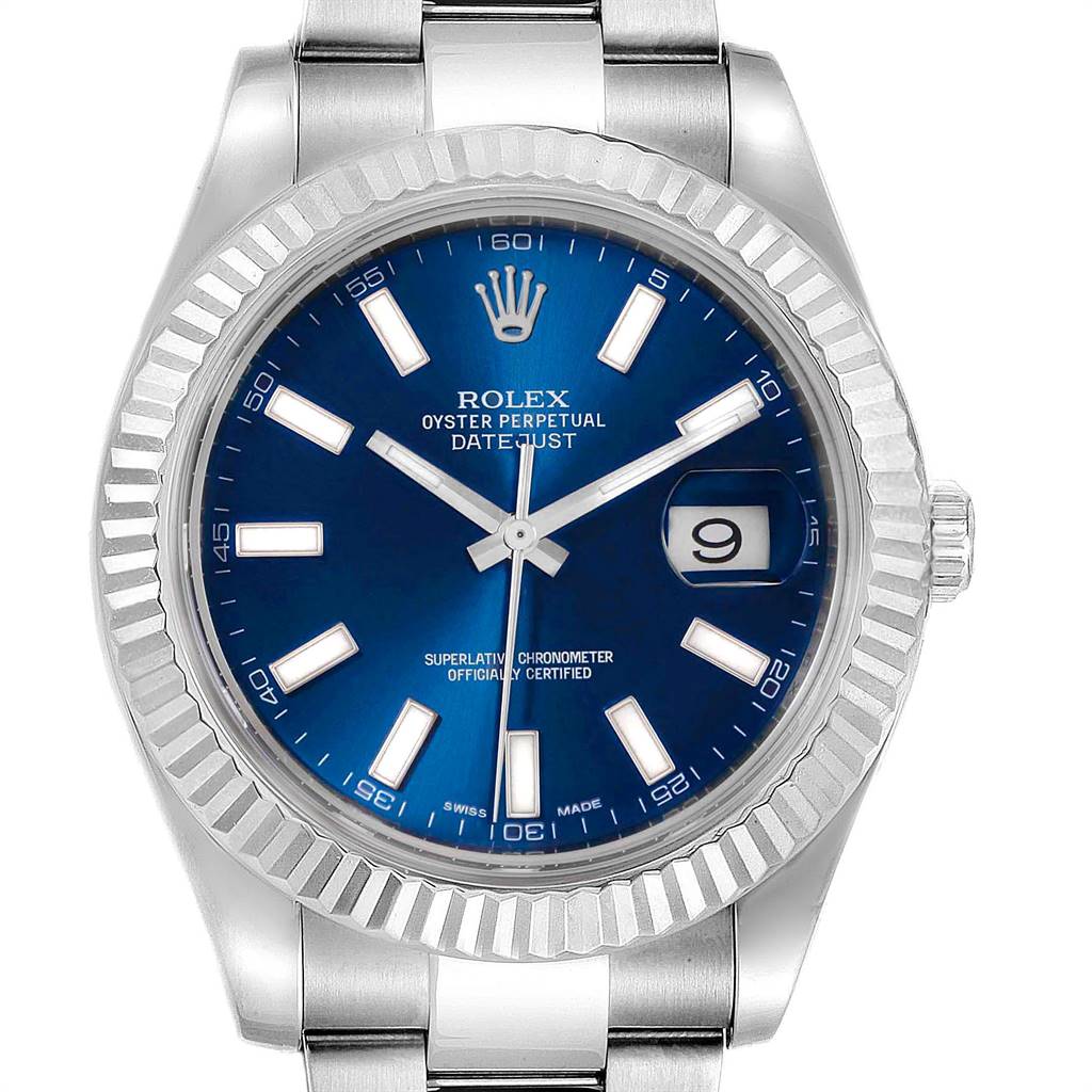 This image shows a front view of a Rolex Datejust 41 116334 Men's Stainless Steel White Dial 116334 Men's Stainless Steel White Dial watch with a blue dial, fluted bezel, and stainless steel bracelet.