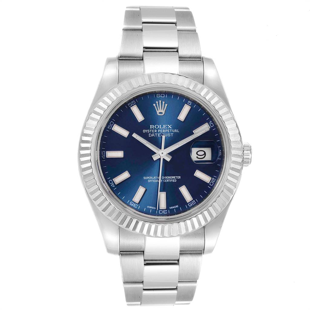 The image shows a front view of the Rolex Datejust 41 116334 Men's Stainless Steel White Dial 116334 Men's Stainless Steel White Dial watch, featuring a blue dial and a stainless steel bracelet.