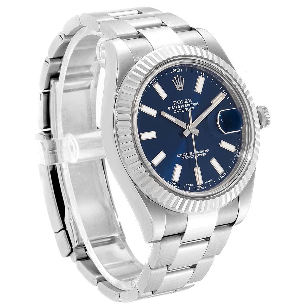 This Rolex Datejust 41 116334 Men's Stainless Steel White Dial 116334 Men's Stainless Steel White Dial is shown from a side angle highlighting its blue dial, fluted bezel, and stainless steel bracelet.