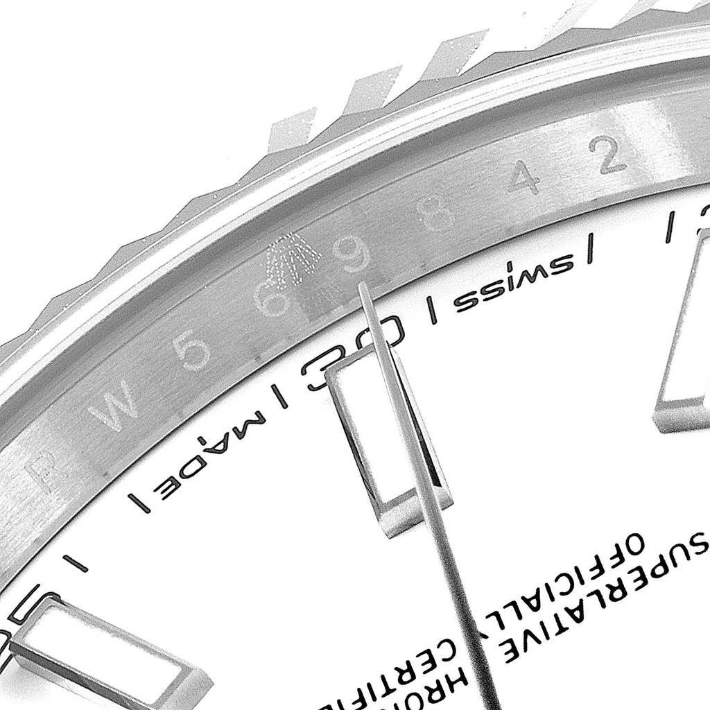This image shows a close-up angle of the dial and bezel of the Rolex Datejust 41 126334 Men's Stainless Steel White Dial 126334 Men's Stainless Steel White Dial, highlighting the text and markers.