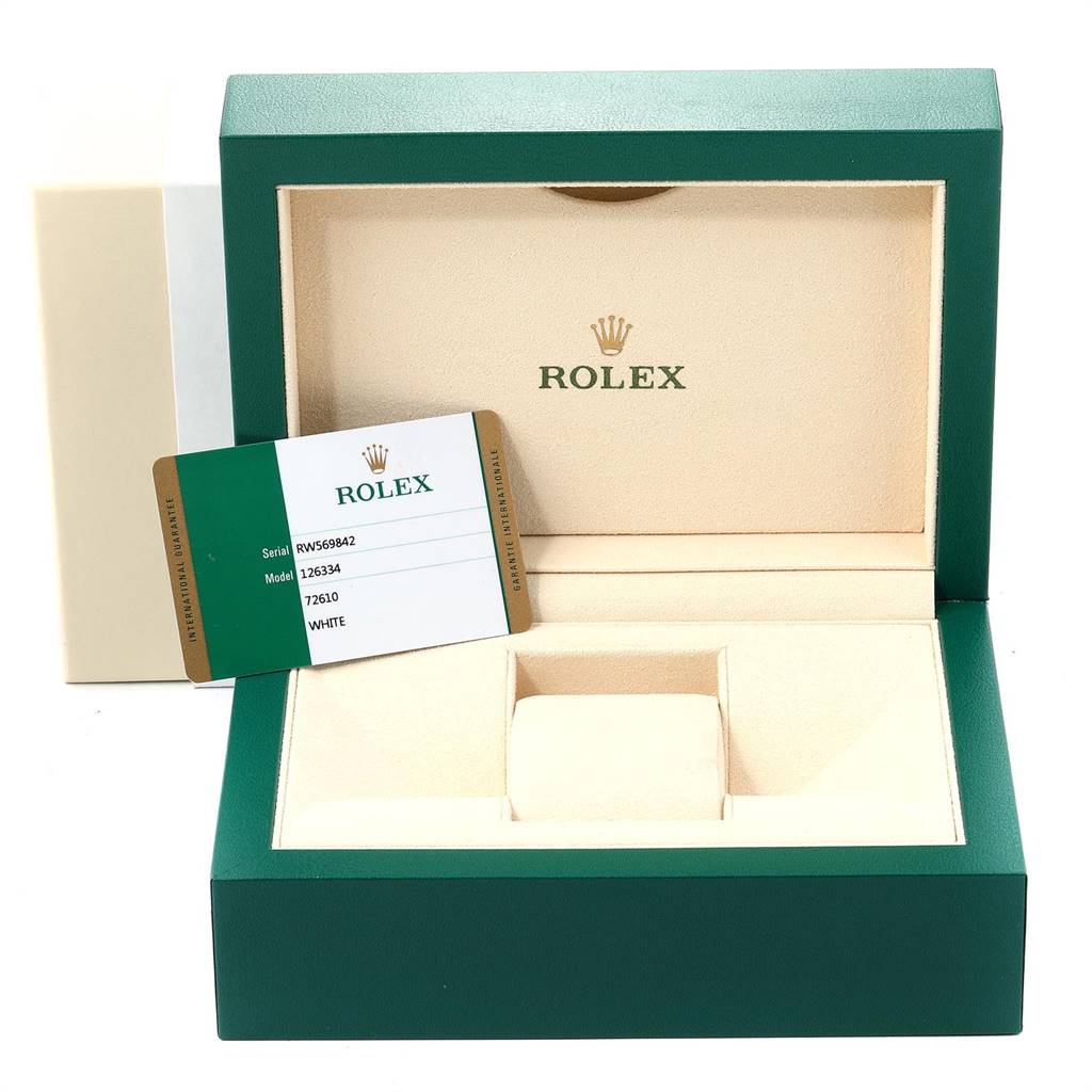 The image shows an empty Rolex Datejust 41 126334 Men's Stainless Steel White Dial 126334 Men's Stainless Steel White Dial watch box with the model's authentication card placed inside.