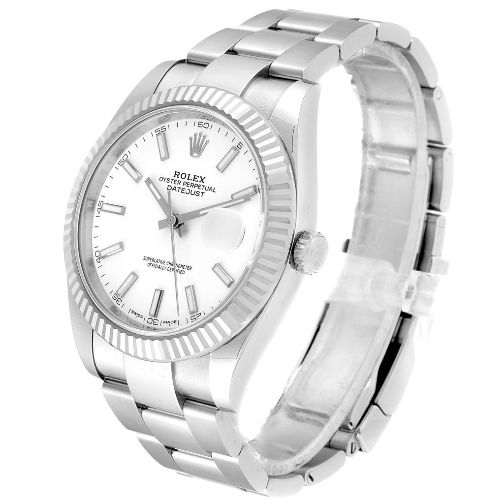This image shows a frontal view of the Rolex Datejust 41 126334 Men's Stainless Steel White Dial 126334 Men's Stainless Steel White Dial watch, highlighting the dial, bezel, case, and bracelet.