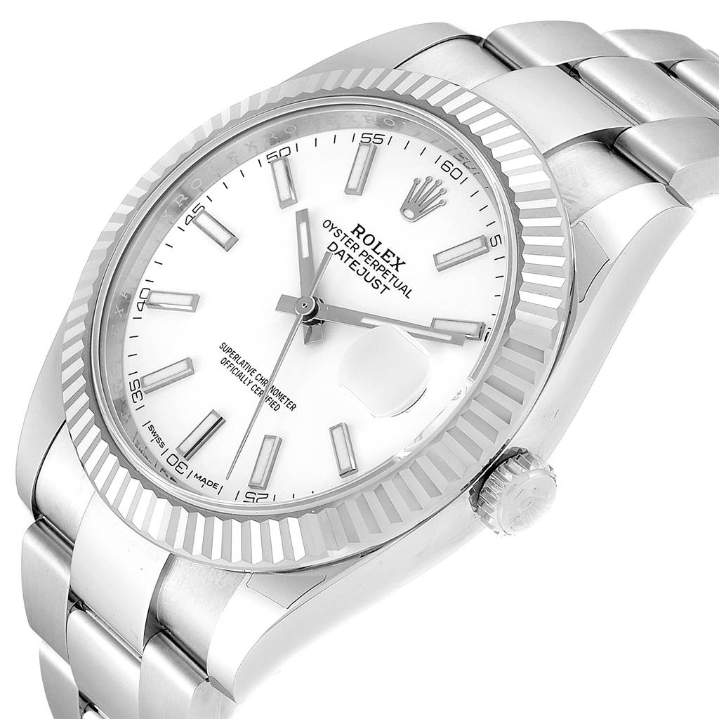 The image shows a Rolex Datejust 41 126334 Men's Stainless Steel White Dial 126334 Men's Stainless Steel White Dial model watch at an angled view highlighting the bezel, crown, dial, and bracelet.