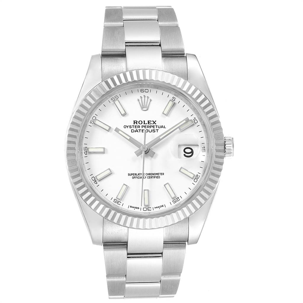 The Rolex Datejust 41 126334 Men's Stainless Steel White Dial 126334 Men's Stainless Steel White Dial is shown from the front, displaying its dial, fluted bezel, crown, and stainless steel bracelet.