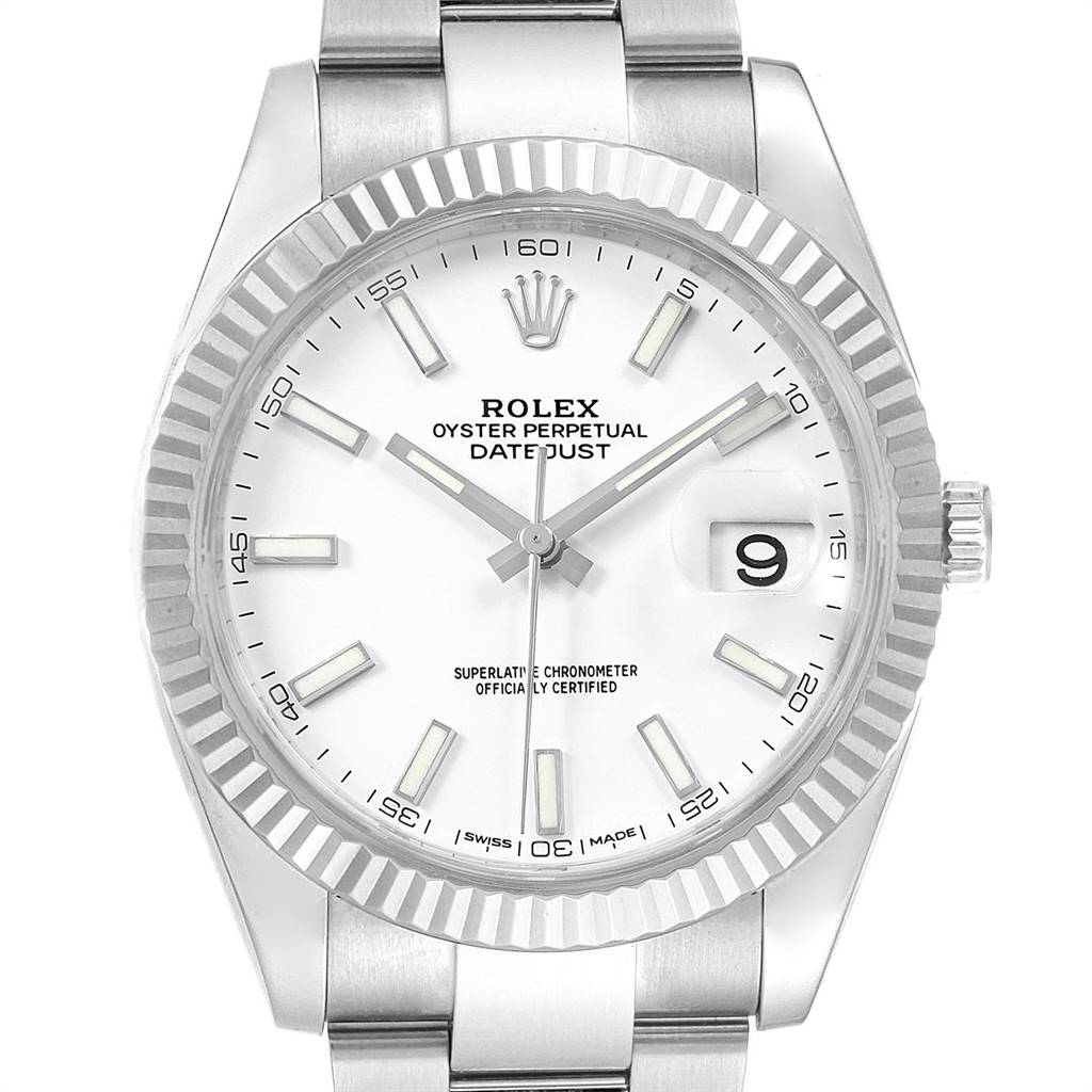 This image shows a front view of the Rolex Datejust 41 126334 Men's Stainless Steel White Dial 126334 Men's Stainless Steel White Dial watch, displaying its dial, bezel, and bracelet.