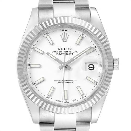 Photo of Rolex Datejust 41 Steel White Gold Fluted Bezel Mens Watch 126334 Box Card