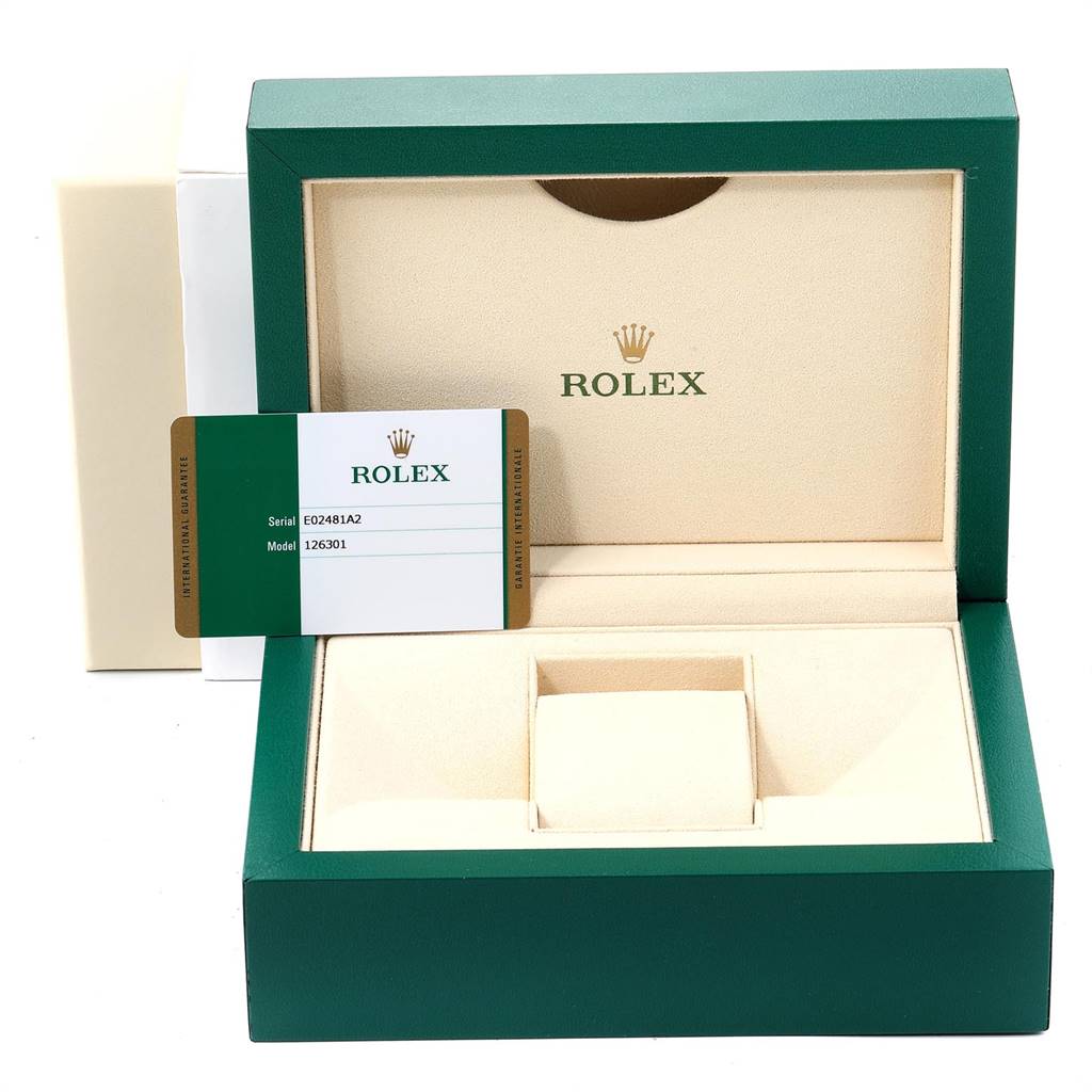 The image shows an open box and warranty card for the Rolex Datejust 41 126301 Men's Steel and Gold (two tone) Pink Dial 126301 Men's Steel and Gold (two tone) Pink Dial model.
