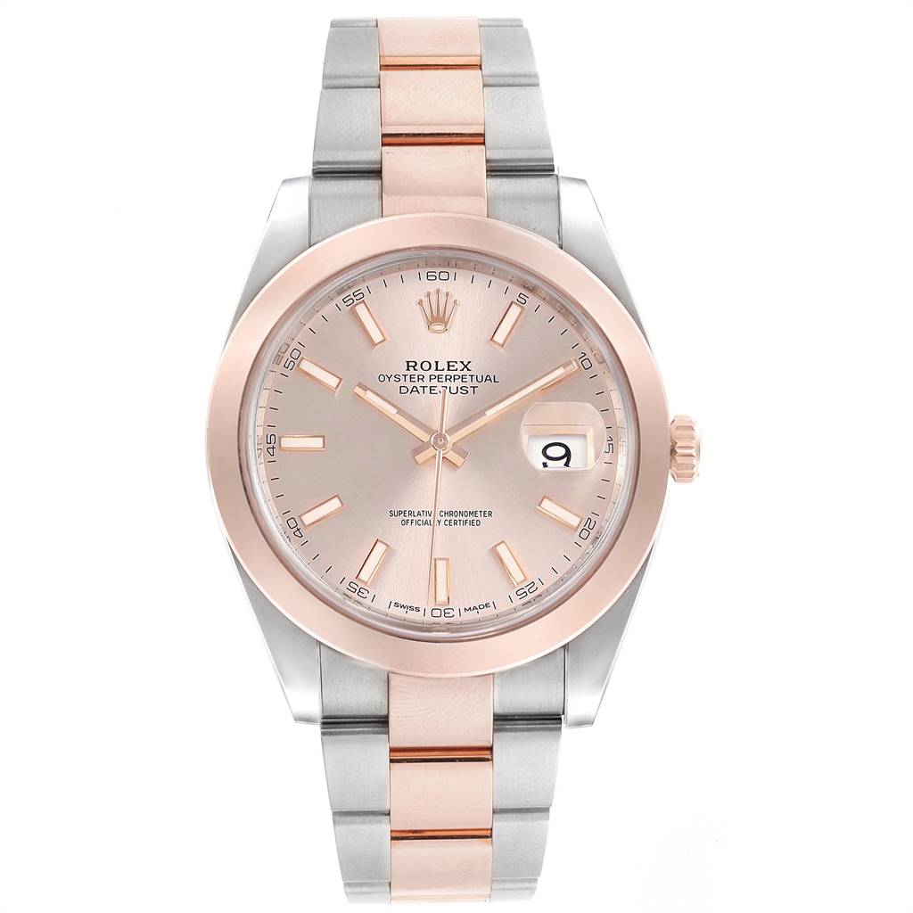 The image shows a front view of the Rolex Datejust 41 126301 Men's Steel and Gold (two tone) Pink Dial 126301 Men's Steel and Gold (two tone) Pink Dial, displaying its dial, bezel, crown, and bracelet.