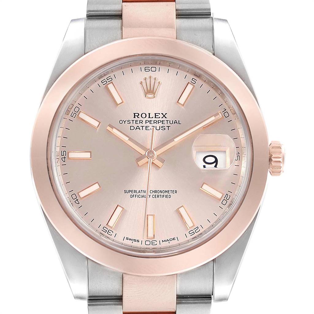 The image shows a front view of the Rolex Datejust 41 126301 Men's Steel and Gold (two tone) Pink Dial 126301 Men's Steel and Gold (two tone) Pink Dial watch, highlighting its dial, bezel, bracelet, and crown.