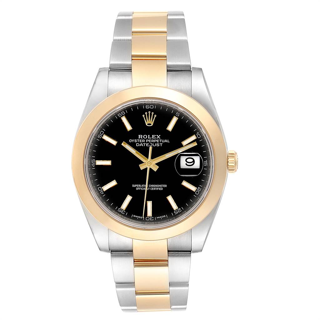 The Rolex Datejust 41 126303 Men's Steel and Gold (two tone) Black Dial 126303 Men's Steel and Gold (two tone) Black Dial model is shown from a front angle, displaying its black dial, date function, and bicolor oyster bracelet.