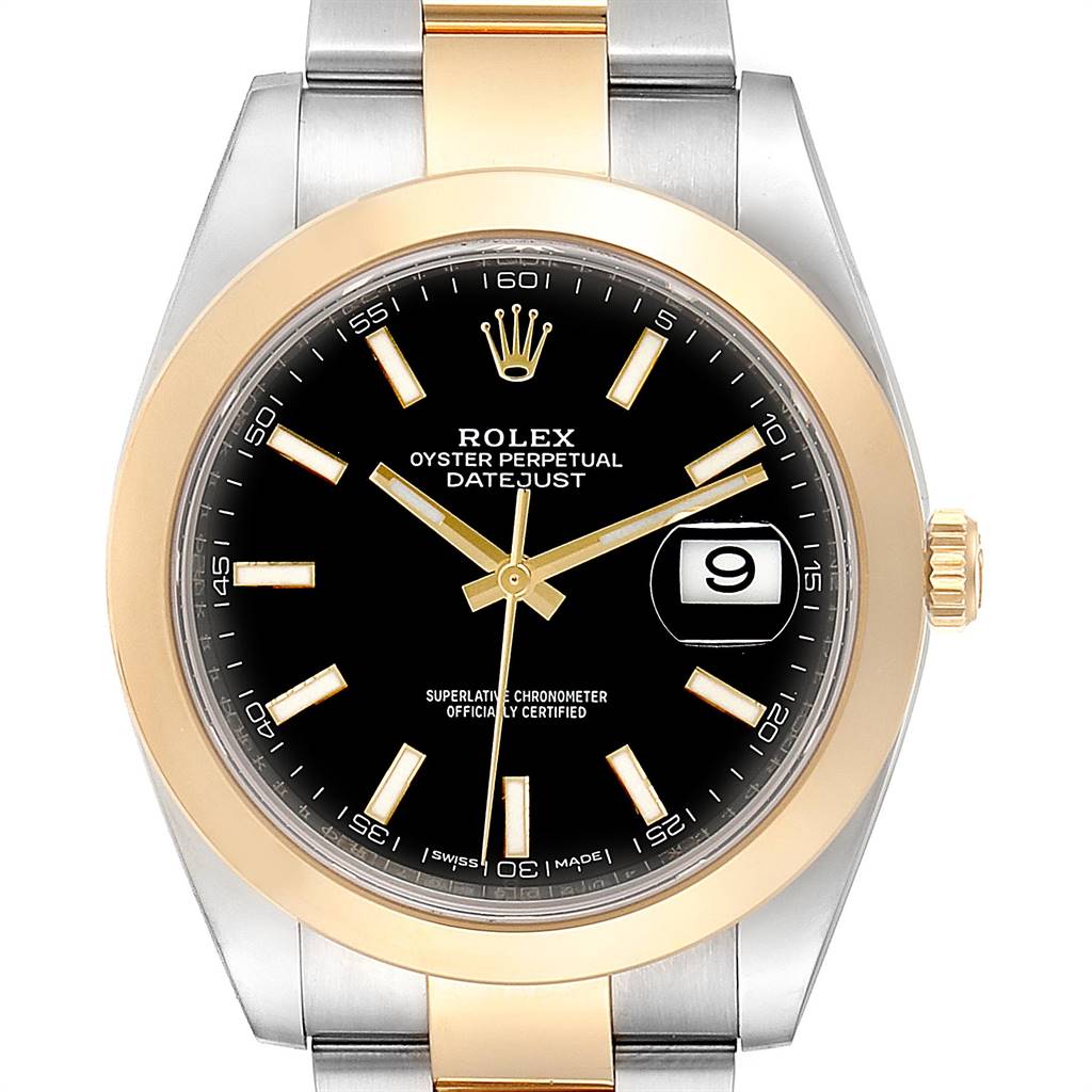 This Rolex Datejust 41 126303 Men's Steel and Gold (two tone) Black Dial 126303 Men's Steel and Gold (two tone) Black Dial watch is shown from a front angle, displaying the dial, bezel, and part of the bracelet.