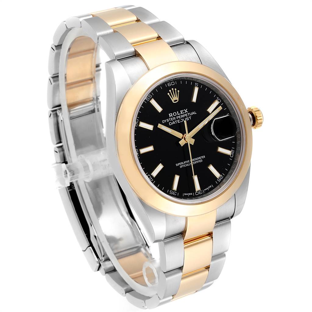 The image shows a Rolex Datejust 41 126303 Men's Steel and Gold (two tone) Black Dial 126303 Men's Steel and Gold (two tone) Black Dial watch from a front angle, highlighting its two-tone bracelet and black dial.