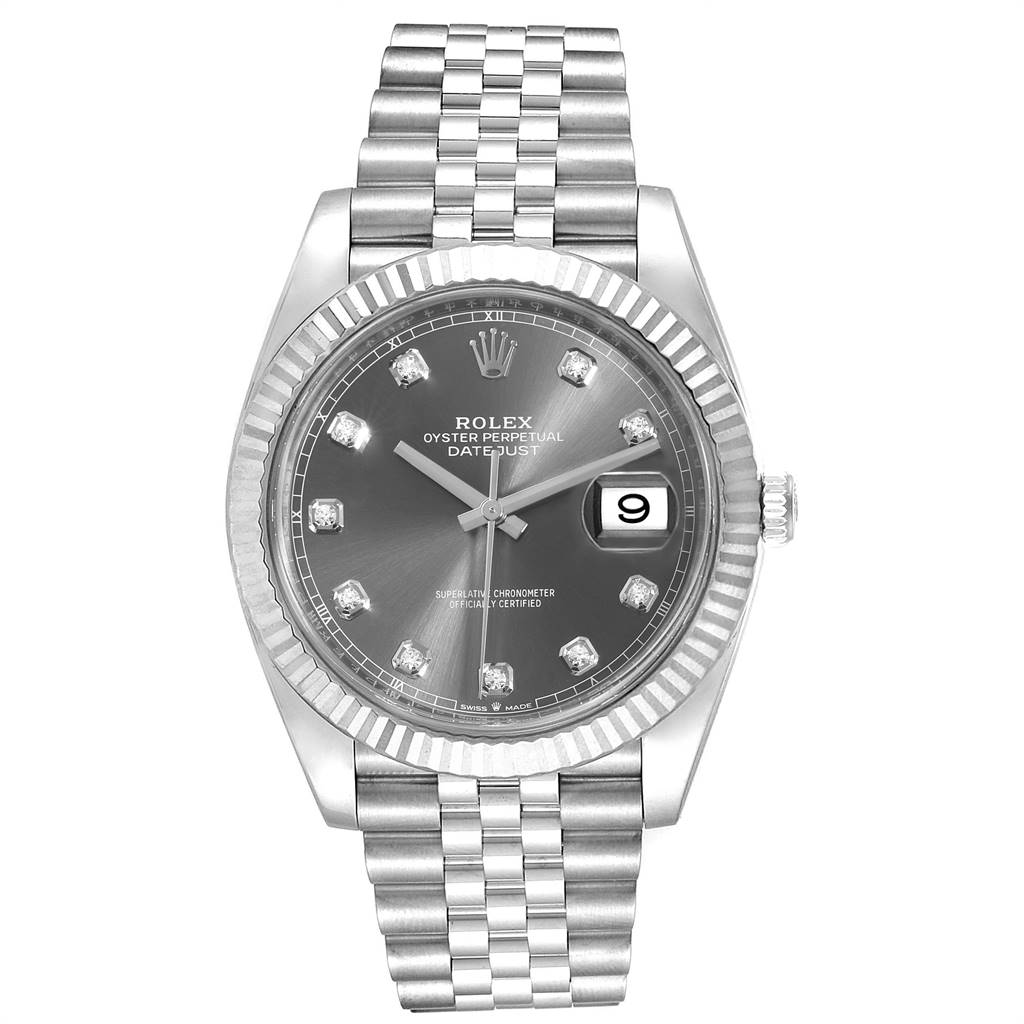 This is a front view of the Rolex Datejust 41 126334 Men's Stainless Steel Grey Dial 126334 Men's Stainless Steel Grey Dial watch, showcasing the dial, bezel, bracelet, and crown.