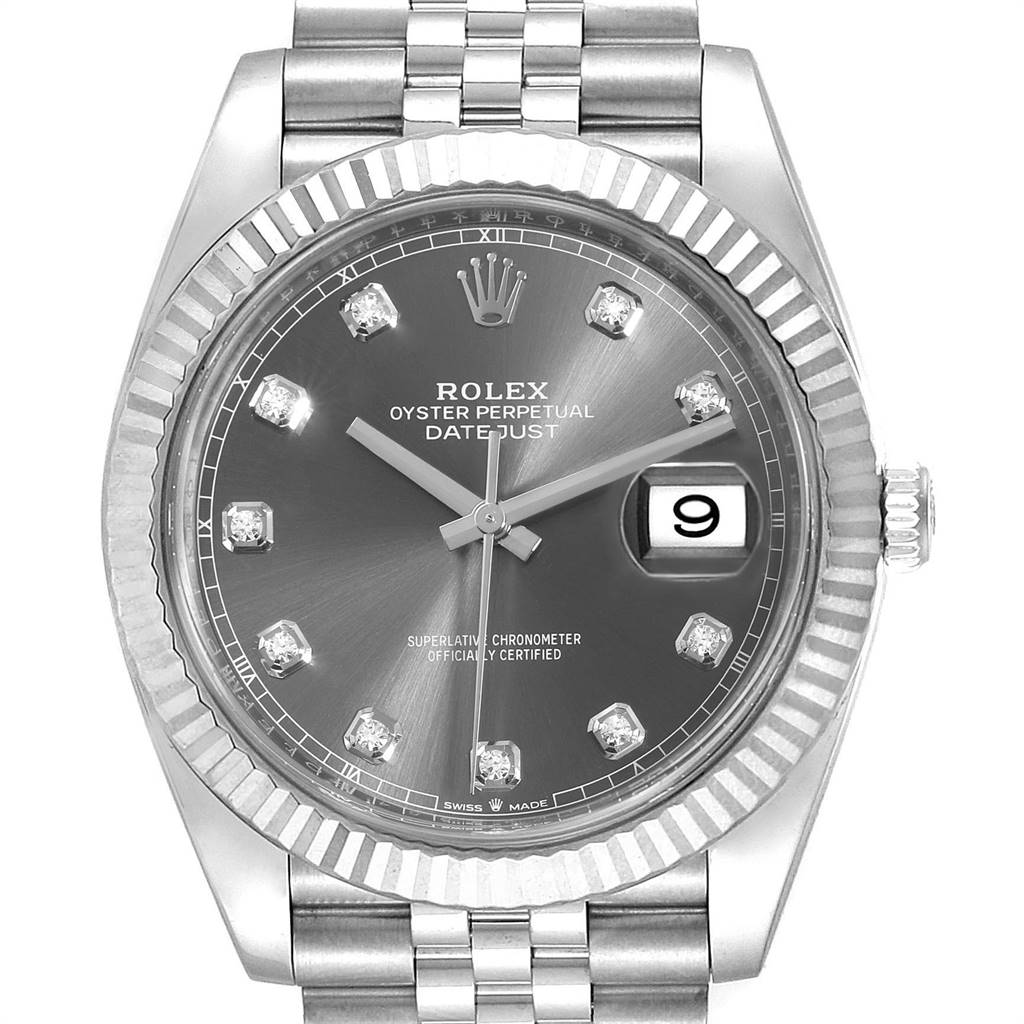 This image shows a Rolex Datejust 41 126334 Men's Stainless Steel Grey Dial 126334 Men's Stainless Steel Grey Dial watch facing directly forward, highlighting its dial, bezel, date window, and part of the bracelet.