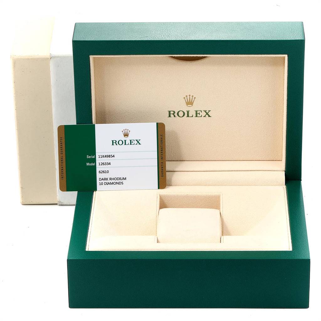 The image shows an empty Rolex Datejust 41 126334 Men's Stainless Steel Grey Dial 126334 Men's Stainless Steel Grey Dial watch box and authenticity card, displayed from the front.