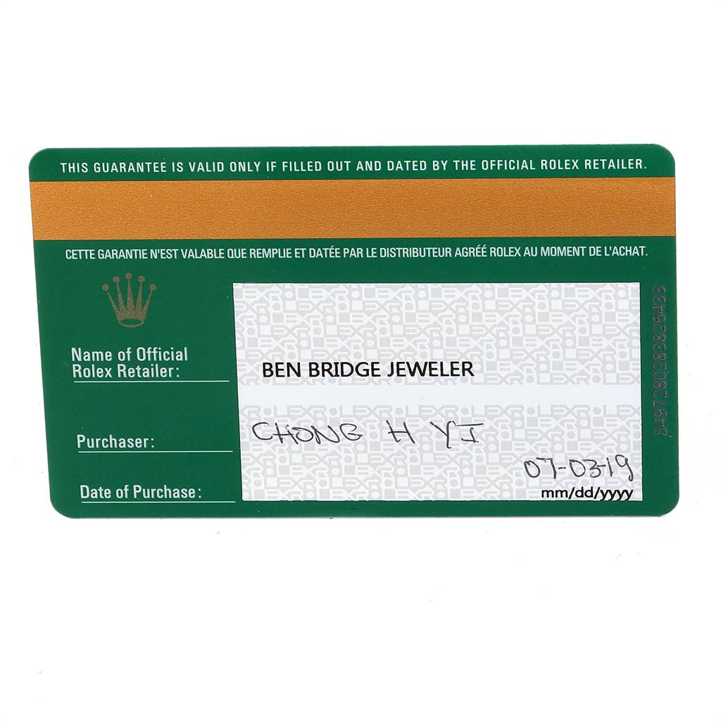 The image shows the warranty card for a Rolex Datejust 41 126334 Men's Stainless Steel Grey Dial 126334 Men's Stainless Steel Grey Dial, displaying retailer information and purchase date.