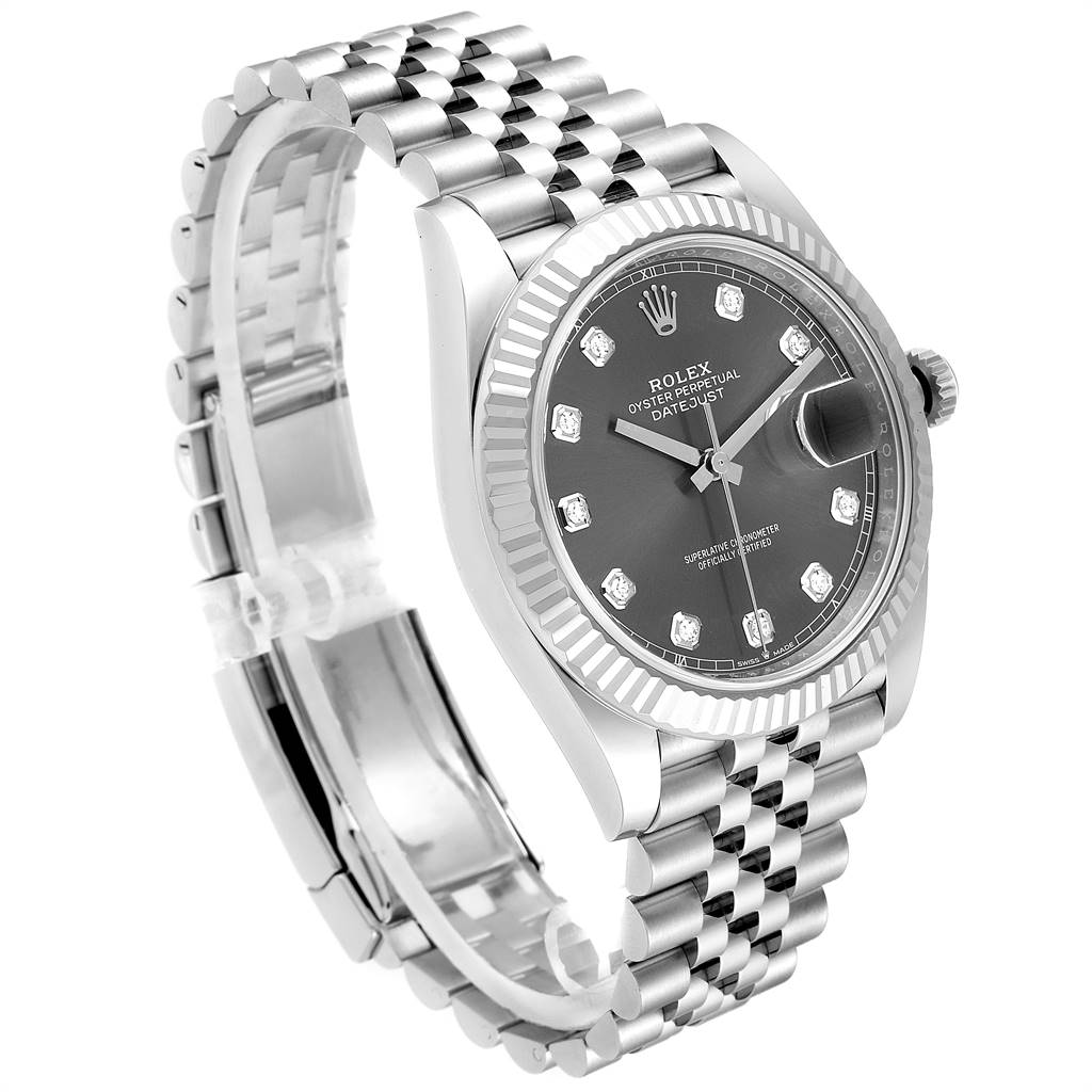 This Rolex Datejust 41 126334 Men's Stainless Steel Grey Dial 126334 Men's Stainless Steel Grey Dial watch is shown from a three-quarter angle, highlighting the watch face, bracelet, and clasp.