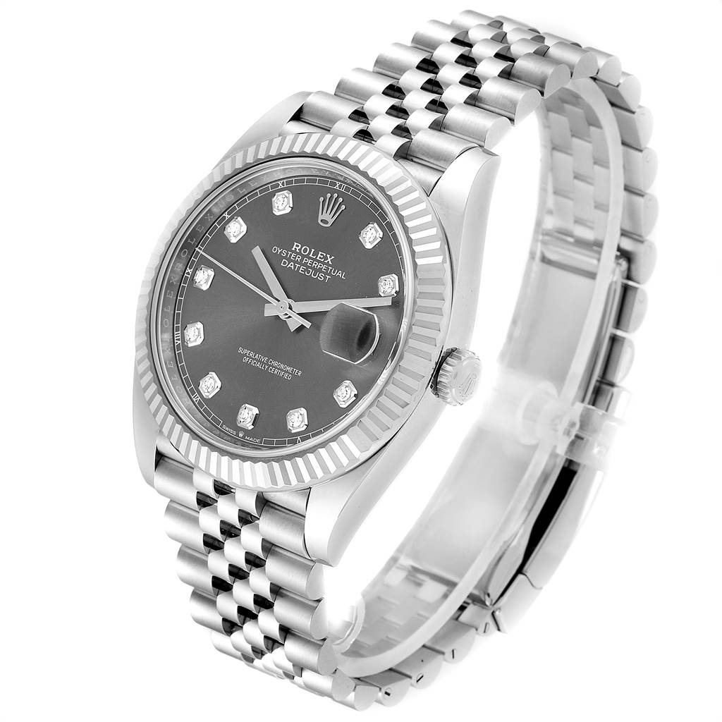The Rolex Datejust 41 126334 Men's Stainless Steel Grey Dial 126334 Men's Stainless Steel Grey Dial watch is shown at an oblique angle, highlighting the dial, bezel, and part of the bracelet.