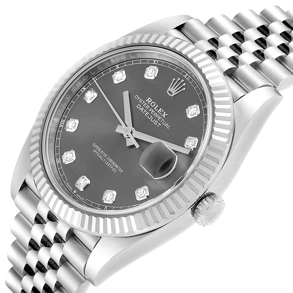 This image shows a Rolex Datejust 41 126334 Men's Stainless Steel Grey Dial 126334 Men's Stainless Steel Grey Dial watch at an angled view, displaying its dial, bezel, and part of its bracelet.