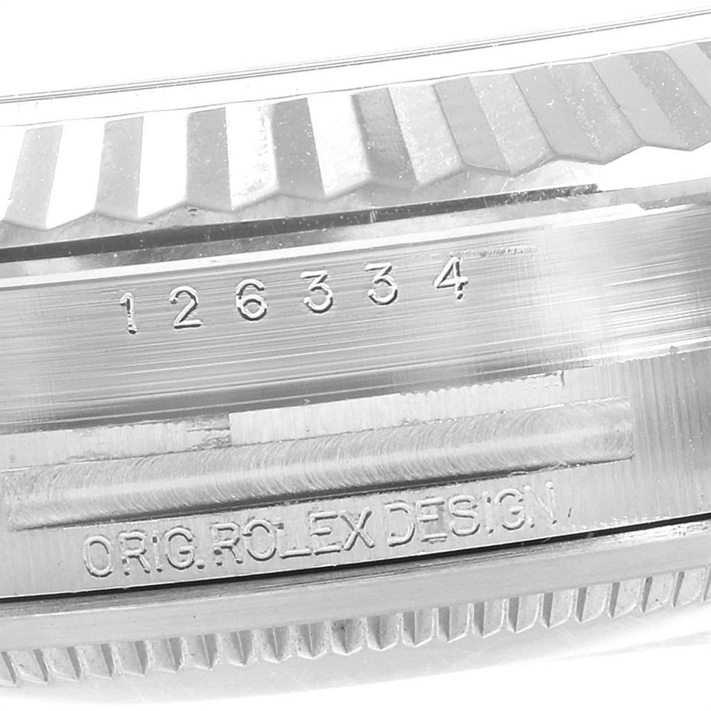 This is a close-up of the case side of the Rolex Datejust 41 126334 Men's Stainless Steel Grey Dial 126334 Men's Stainless Steel Grey Dial, showing the model number and "ORIG. ROLEX DESIGN" engraving.