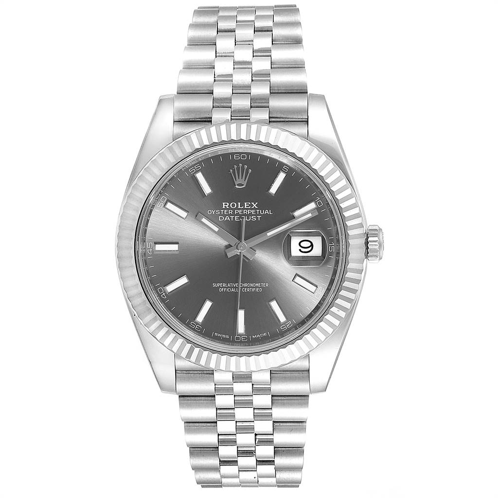 The image shows a Rolex Datejust 41 126334 Men's Stainless Steel Grey Dial 126334 Men's Stainless Steel Grey Dial watch from a front angle, featuring its silver dial, fluted bezel, and Jubilee bracelet.