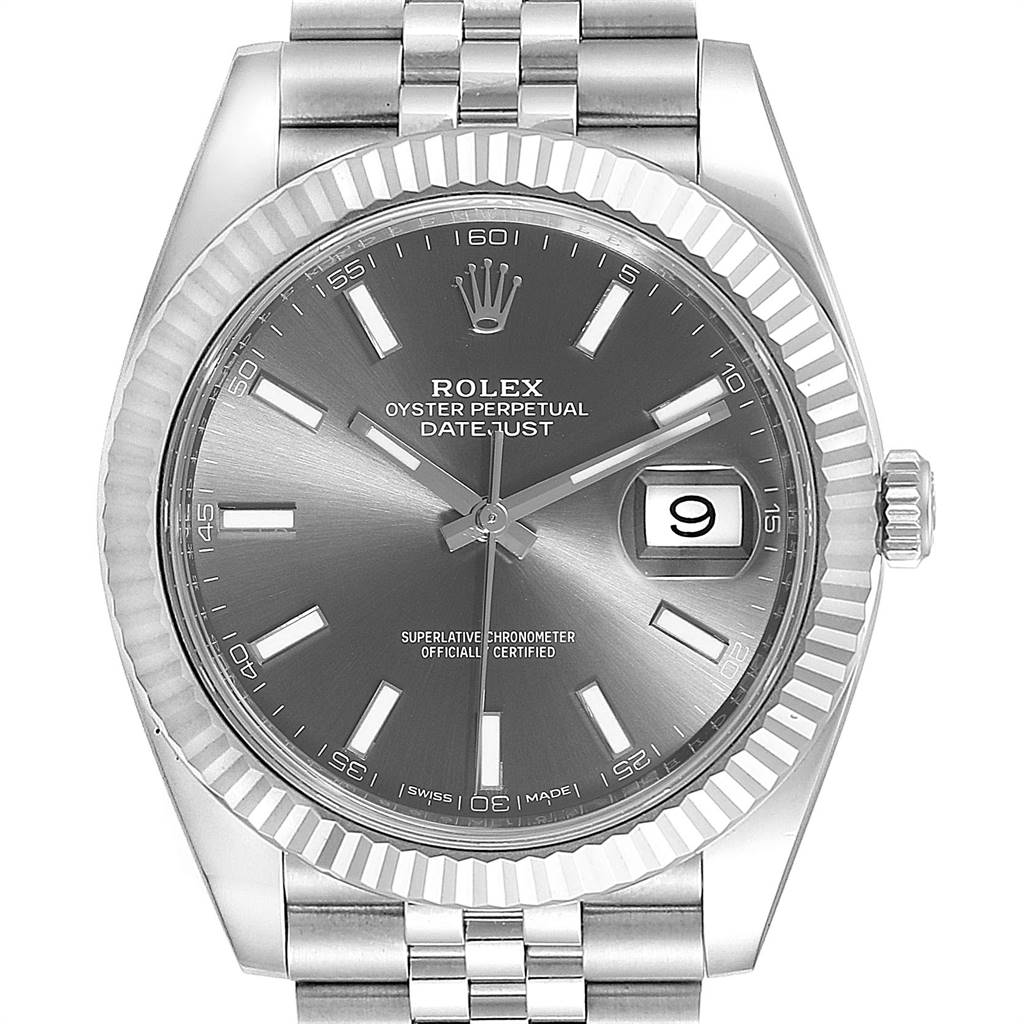 This Rolex Datejust 41 126334 Men's Stainless Steel Grey Dial 126334 Men's Stainless Steel Grey Dial watch is shown from a front angle, highlighting the face, dial, bezel, and part of the band.