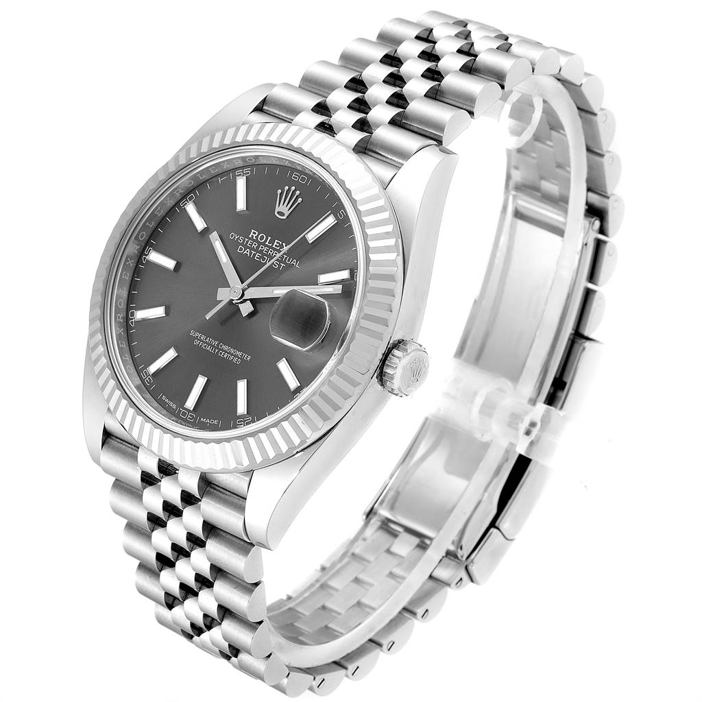 The image shows a side and front angle of the Rolex Datejust 41 126334 Men's Stainless Steel Grey Dial 126334 Men's Stainless Steel Grey Dial watch, highlighting its face, bezel, crown, and metal bracelet.
