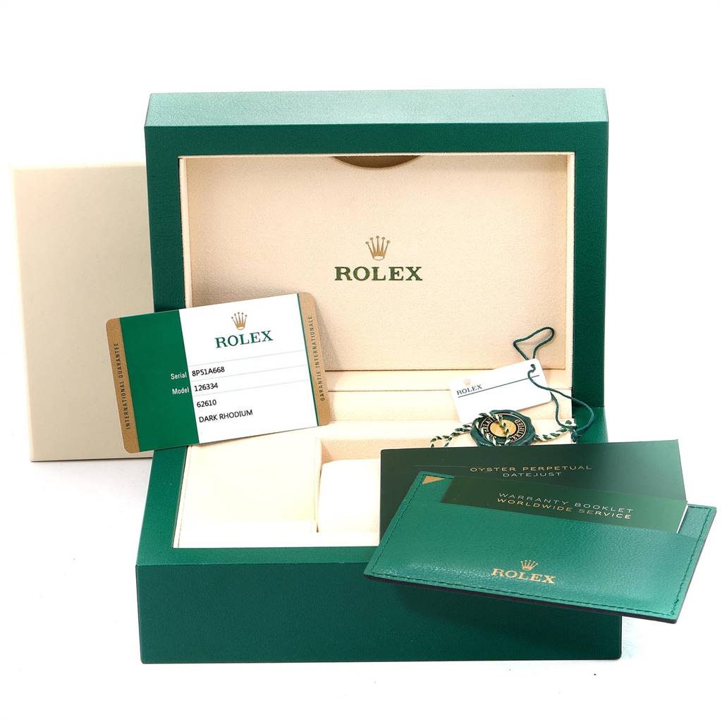 The image shows the packaging, warranty card, booklet, and accessories of a Rolex Datejust 41 126334 Men's Stainless Steel Grey Dial 126334 Men's Stainless Steel Grey Dial watch.