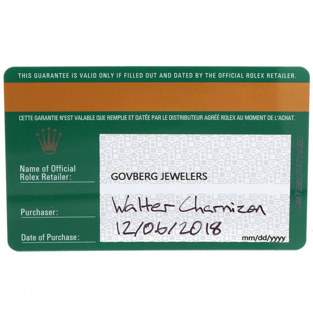 This is a warranty card for the Rolex Datejust 41 126334 Men's Stainless Steel Grey Dial 126334 Men's Stainless Steel Grey Dial, showing the retailer, purchaser, and purchase date.