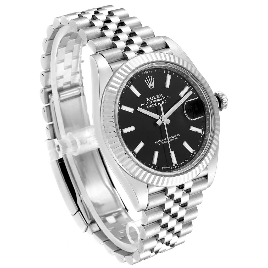 The Rolex Datejust 41 126334 Men's Stainless Steel Black Dial 126334 Men's Stainless Steel Black Dial is shown at an angle highlighting the dial, bezel, crown, and part of the Jubilee bracelet.