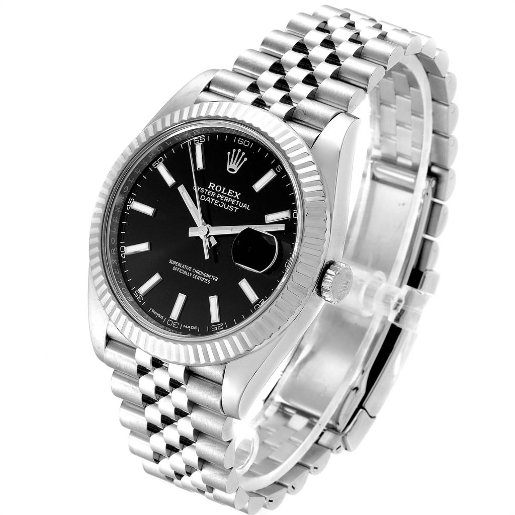 The Rolex Datejust 41 126334 Men's Stainless Steel Black Dial 126334 Men's Stainless Steel Black Dial watch is shown from a slight front angle, highlighting the face, bezel, crown, and bracelet.
