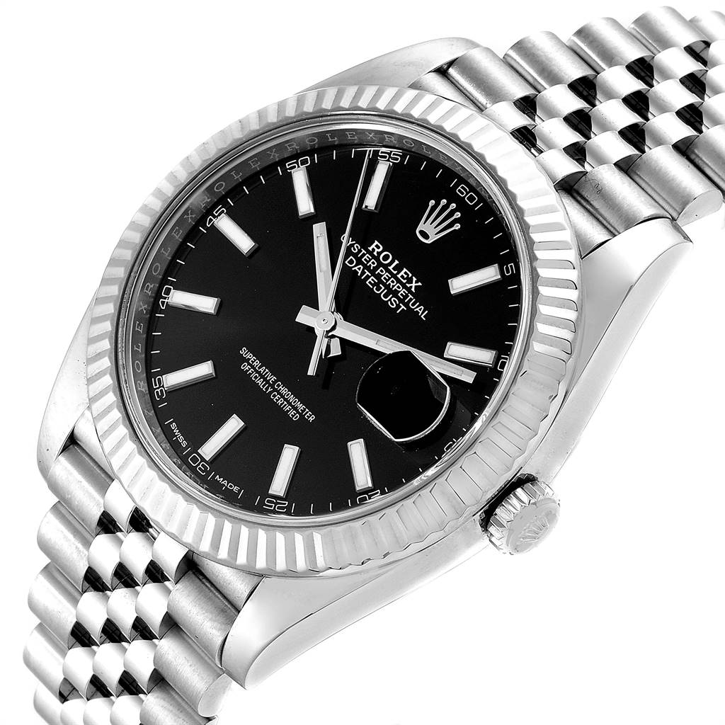 The image shows a Rolex Datejust 41 126334 Men's Stainless Steel Black Dial 126334 Men's Stainless Steel Black Dial model at an angled view, displaying its face, fluted bezel, and Jubilee bracelet.