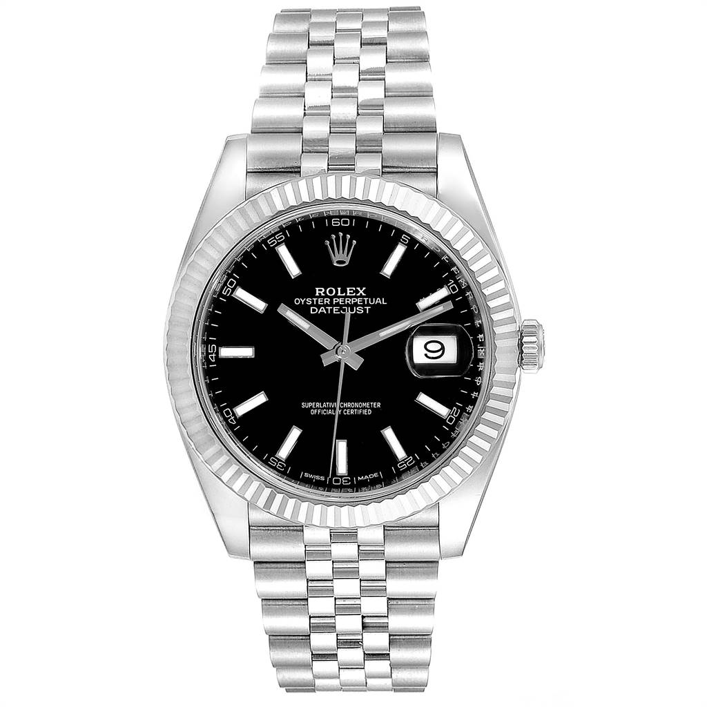 This image shows a Rolex Datejust 41 126334 Men's Stainless Steel Black Dial 126334 Men's Stainless Steel Black Dial watch from a front angle, displaying its dial, bezel, and bracelet.