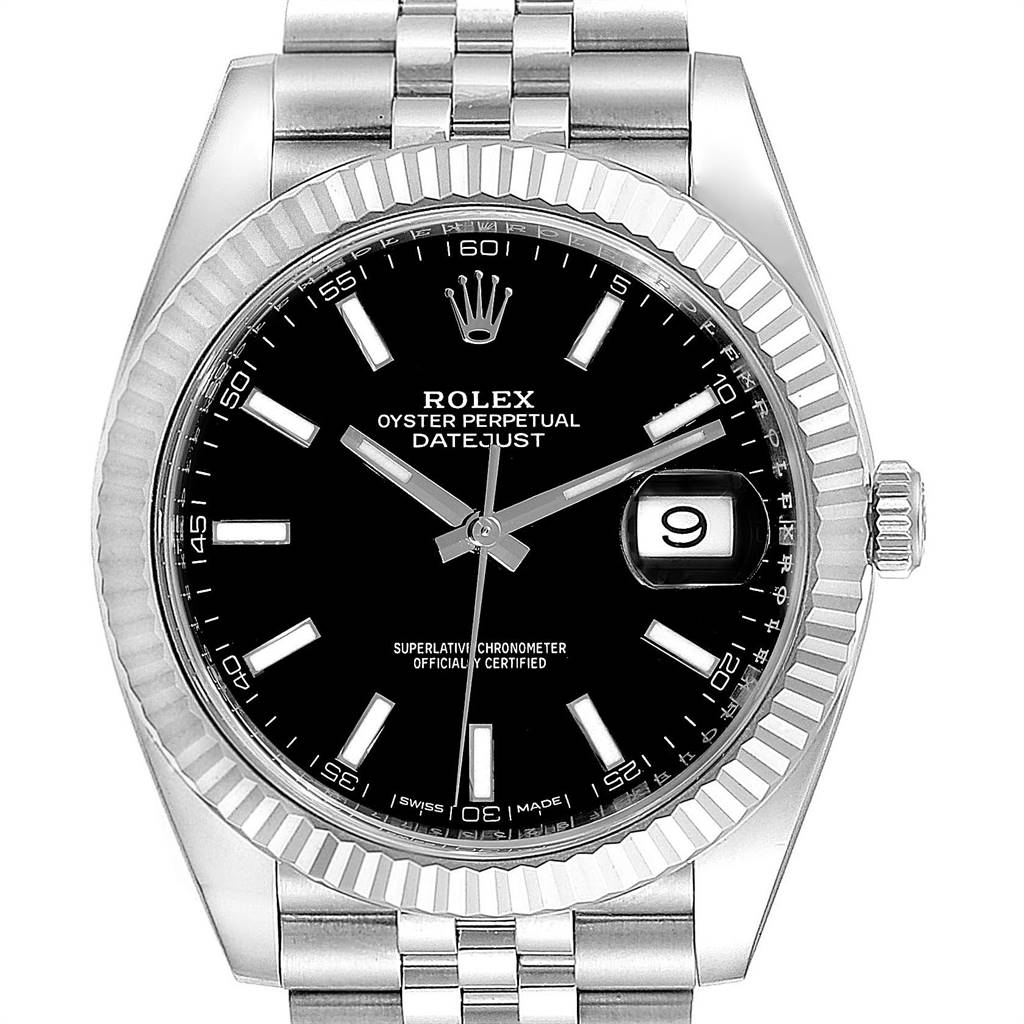 The image shows a front view of the Rolex Datejust 41 126334 Men's Stainless Steel Black Dial 126334 Men's Stainless Steel Black Dial watch, highlighting its black dial, fluted bezel, date display, and bracelet.
