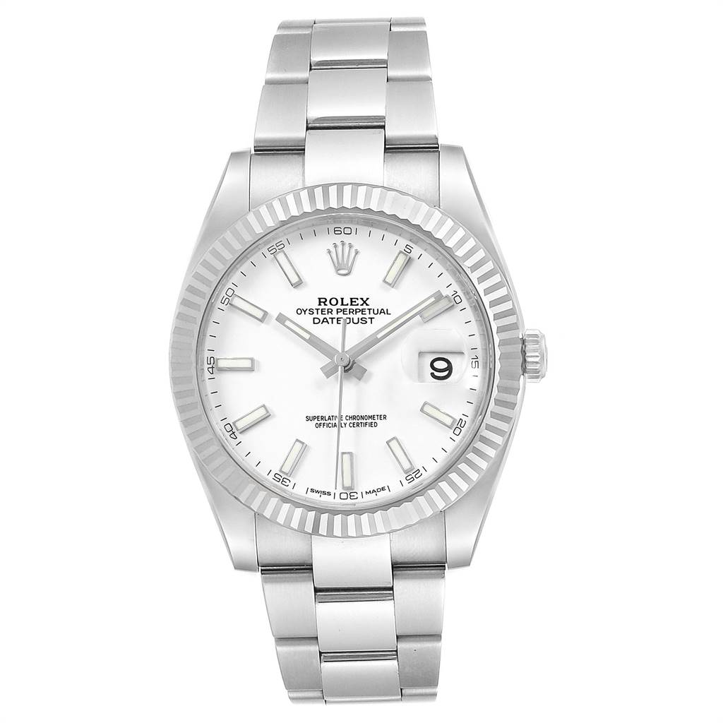 This is a front view of the Rolex Datejust 41 126300 Men's Stainless Steel White Dial 126300 Men's Stainless Steel White Dial, showing the face, bezel, and bracelet.
