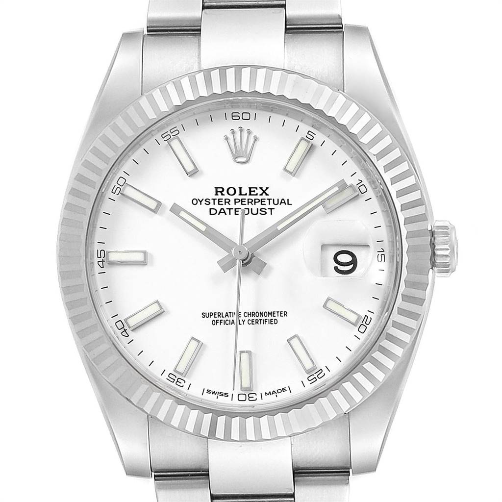 This image shows a front view of the Rolex Datejust 41 126300 Men's Stainless Steel White Dial 126300 Men's Stainless Steel White Dial, featuring the dial, bezel, hands, and part of the bracelet.