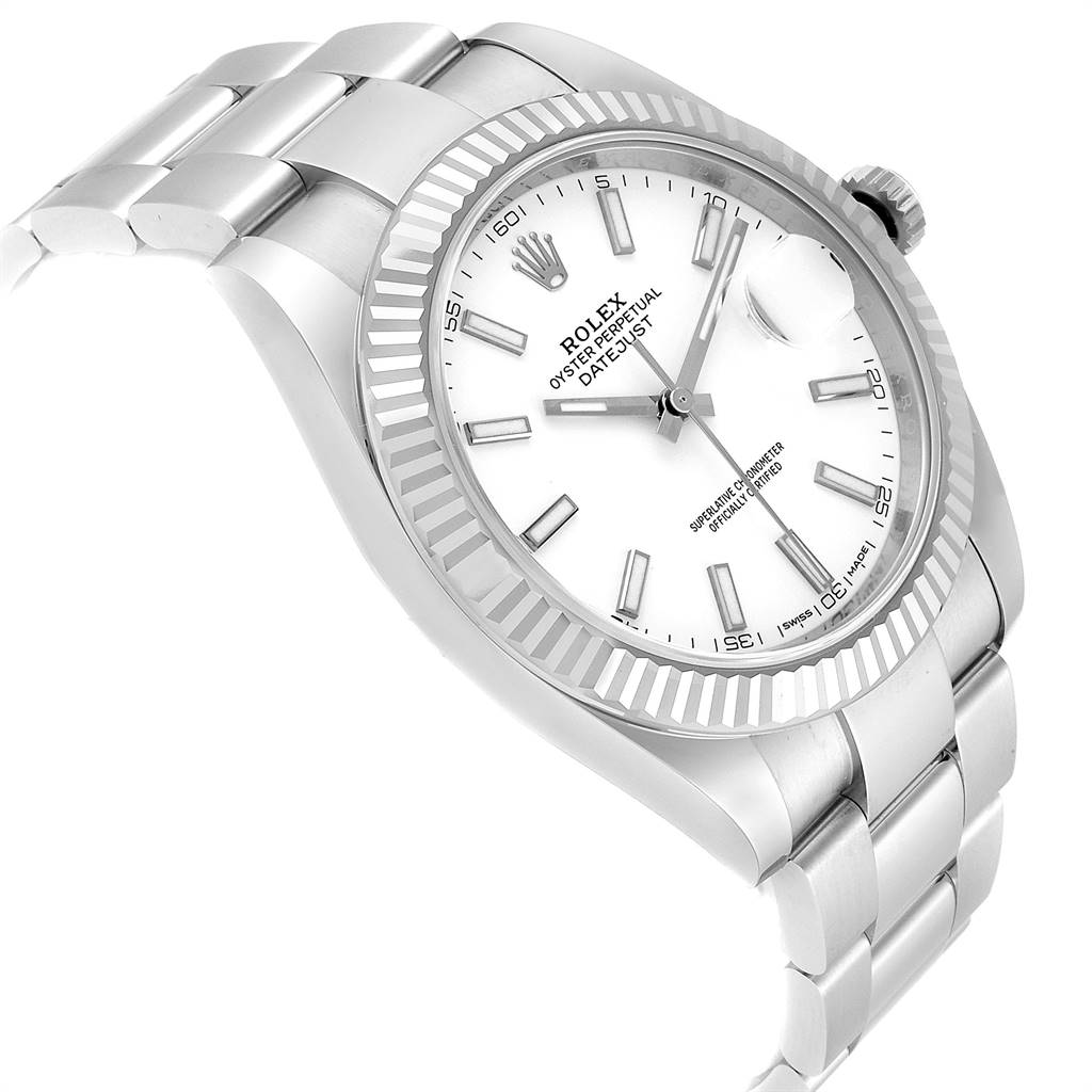 The image shows a side angle of a Rolex Datejust 41 126300 Men's Stainless Steel White Dial 126300 Men's Stainless Steel White Dial watch, highlighting its bracelet, dial, and fluted bezel.