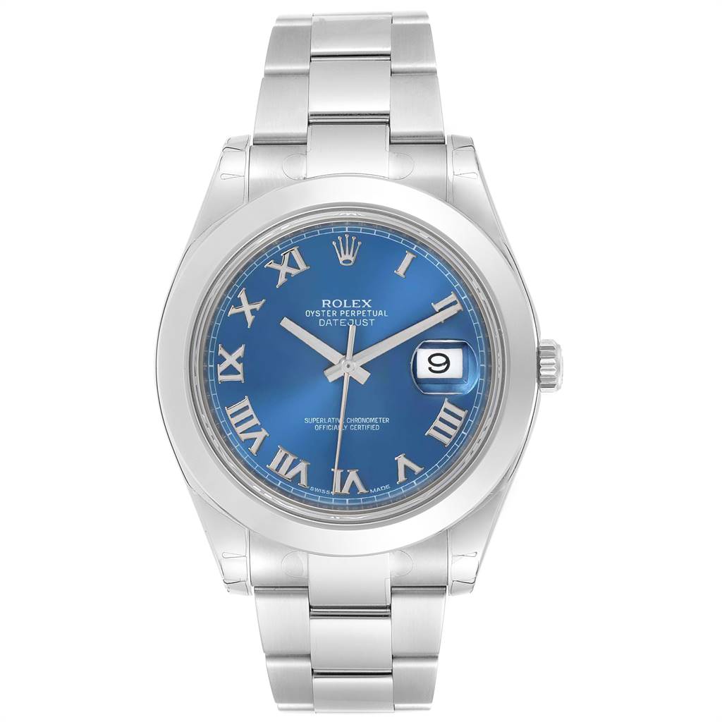 This Rolex Datejust 41 116300 Men's Stainless Steel Blue Dial 116300 Men's Stainless Steel Blue Dial watch is shown from the front, featuring a blue dial, Roman numerals, and a silver bracelet.