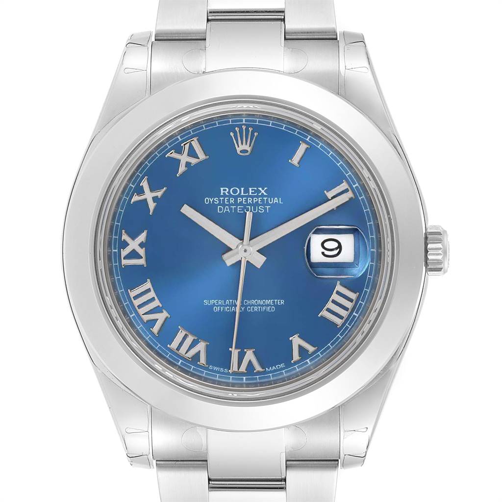 This image of the Rolex Datejust 41 116300 Men's Stainless Steel Blue Dial 116300 Men's Stainless Steel Blue Dial shows a straight-on view highlighting the blue dial, Roman numerals, date window, and stainless steel bracelet.