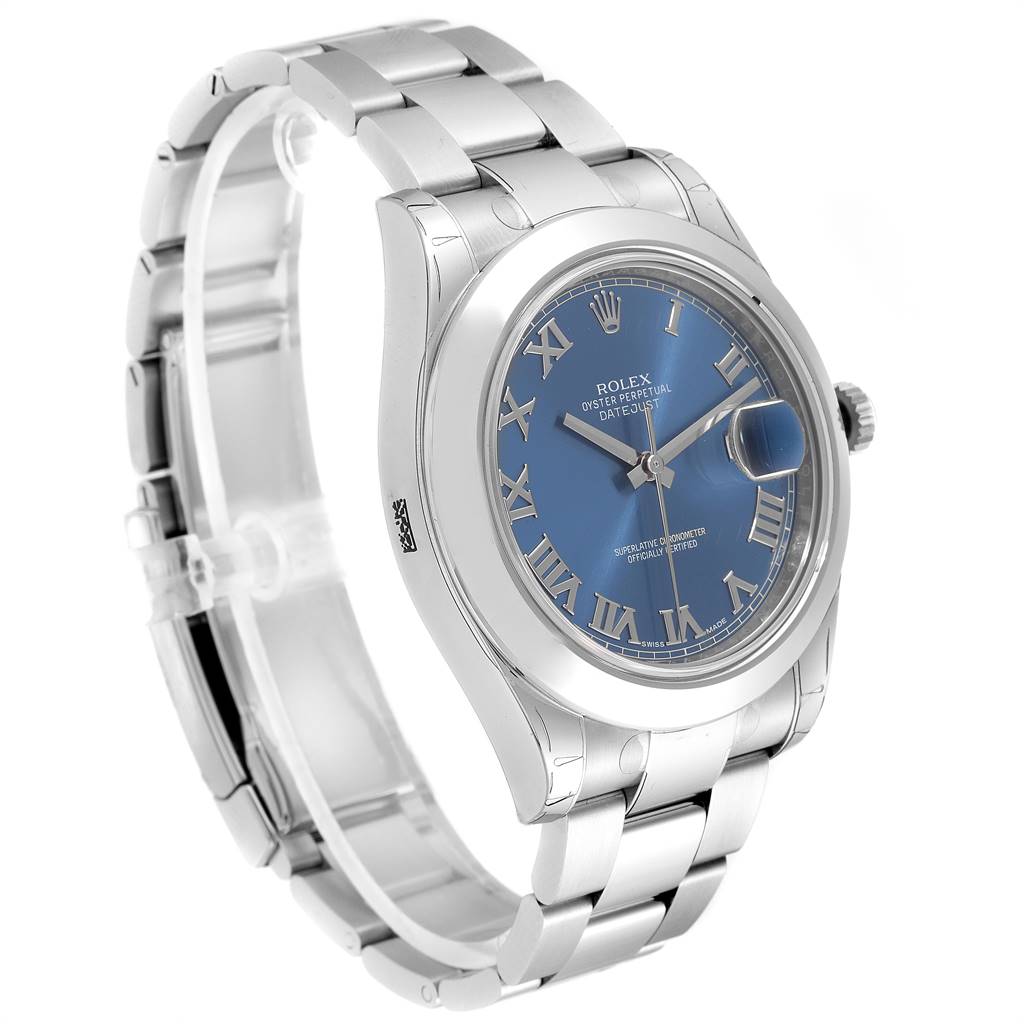 The Rolex Datejust 41 116300 Men's Stainless Steel Blue Dial 116300 Men's Stainless Steel Blue Dial watch is shown at an angled front view, highlighting the blue dial, Roman numerals, and stainless steel bracelet.