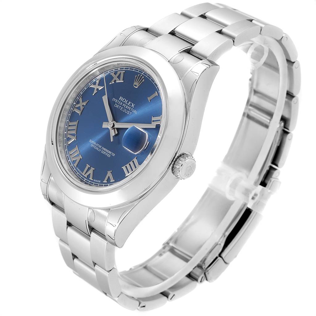 This Rolex Datejust 41 116300 Men's Stainless Steel Blue Dial 116300 Men's Stainless Steel Blue Dial watch is shown from a three-quarter angle, displaying the face, crown, and bracelet.