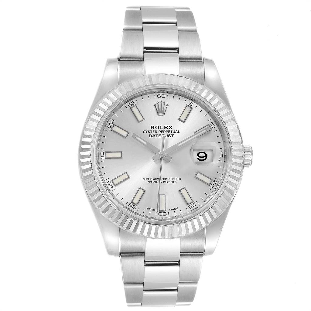 The image shows a front view of a Rolex Datejust 41 116334 Men's Stainless Steel Silver Dial 116334 Men's Stainless Steel Silver Dial watch, including the dial, bezel, and bracelet.
