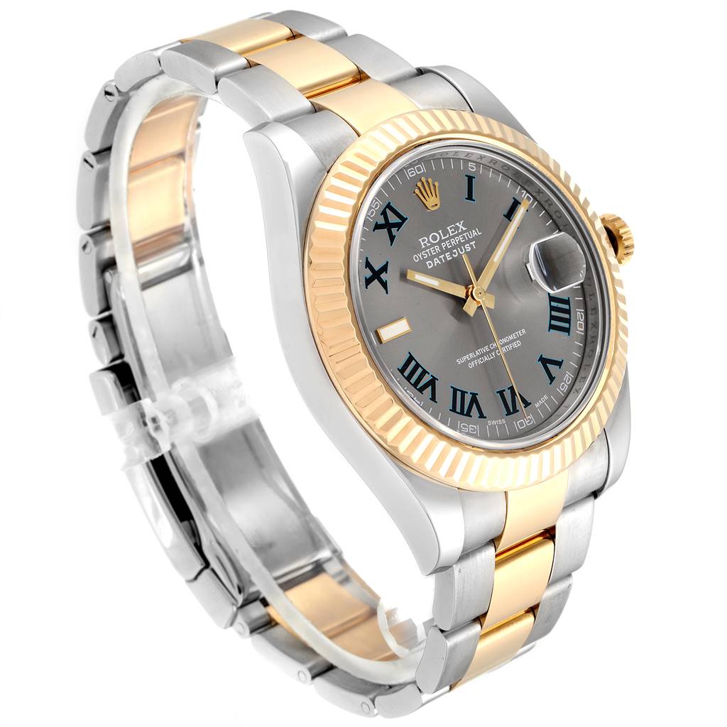 The Rolex Datejust 41 116333 Men's Steel and Gold (two tone) Grey Dial 116333 Men's Steel and Gold (two tone) Grey Dial watch is shown at a slight angle, highlighting its two-tone bracelet, fluted bezel, and Roman numeral dial.