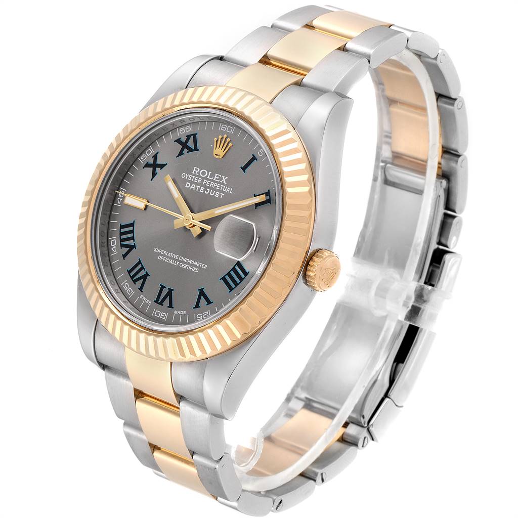 The image shows a Rolex Datejust 41 116333 Men's Steel and Gold (two tone) Grey Dial 116333 Men's Steel and Gold (two tone) Grey Dial model watch at a three-quarter angle, highlighting its two-tone bracelet, fluted bezel, and dial with Roman numerals.
