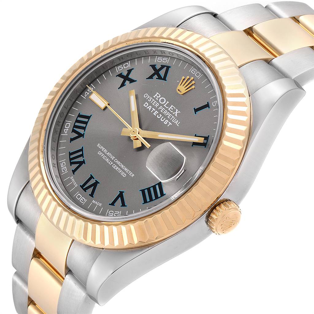 This image shows the side and partial top view of the Rolex Datejust 41 116333 Men's Steel and Gold (two tone) Grey Dial 116333 Men's Steel and Gold (two tone) Grey Dial, highlighting its dial, bezel, crown, and bracelet.