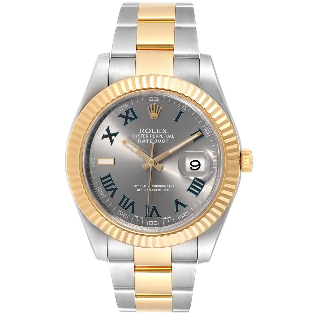 This image shows a front view of the Rolex Datejust 41 116333 Men's Steel and Gold (two tone) Grey Dial 116333 Men's Steel and Gold (two tone) Grey Dial watch, highlighting its silver and gold dial, bezel, and two-tone bracelet.