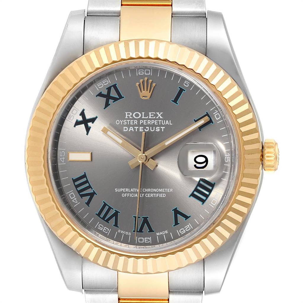 The image shows a frontal view of the Rolex Datejust 41 116333 Men's Steel and Gold (two tone) Grey Dial 116333 Men's Steel and Gold (two tone) Grey Dial watch, highlighting its dial, bezel, and part of the bracelet.