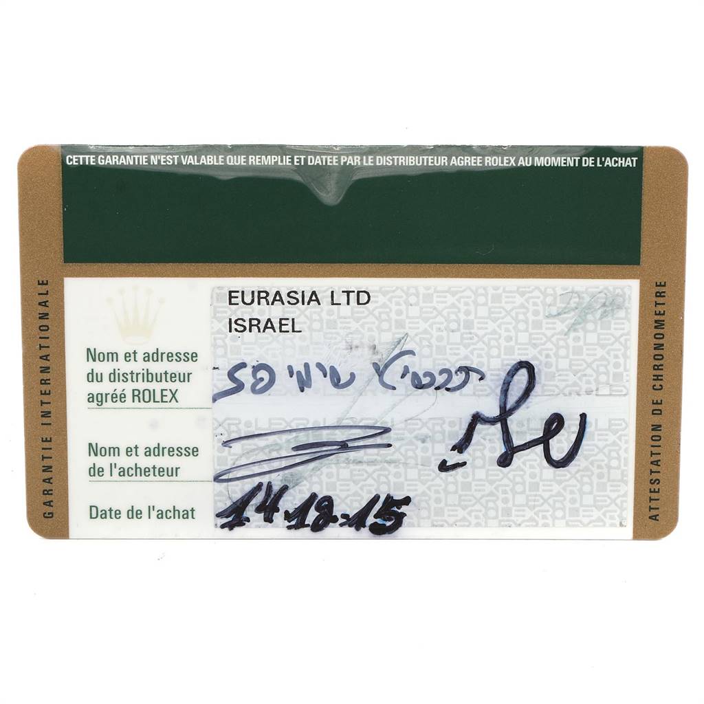 This image shows the international guarantee card for a Rolex Datejust 41 116333 Men's Steel and Gold (two tone) Grey Dial 116333 Men's Steel and Gold (two tone) Grey Dial, with dealer and purchase information filled in.